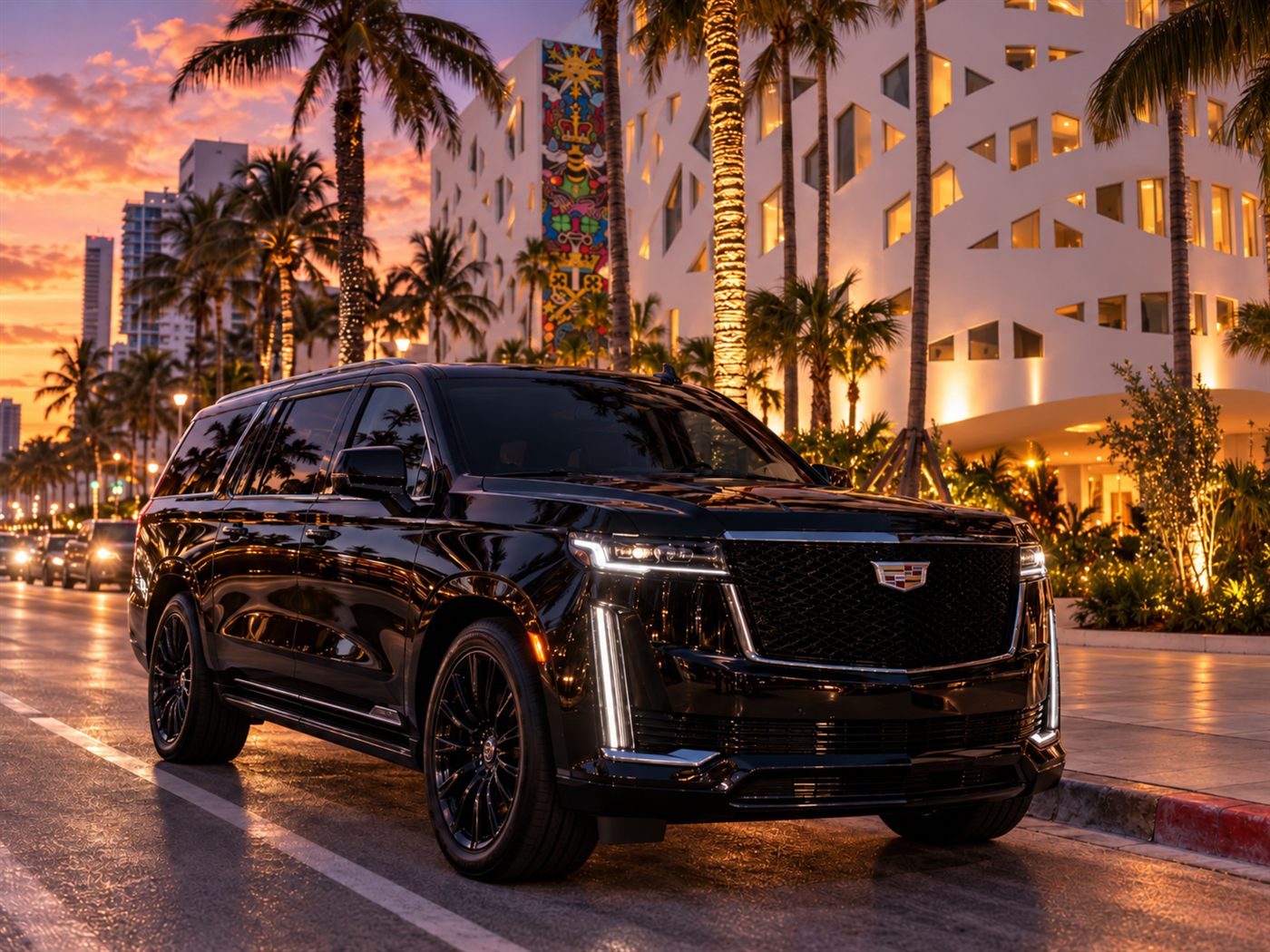 Black Cadillac Escalade ESV on Collins Avenue in Mid-Beach, Miami Beach, at dusk