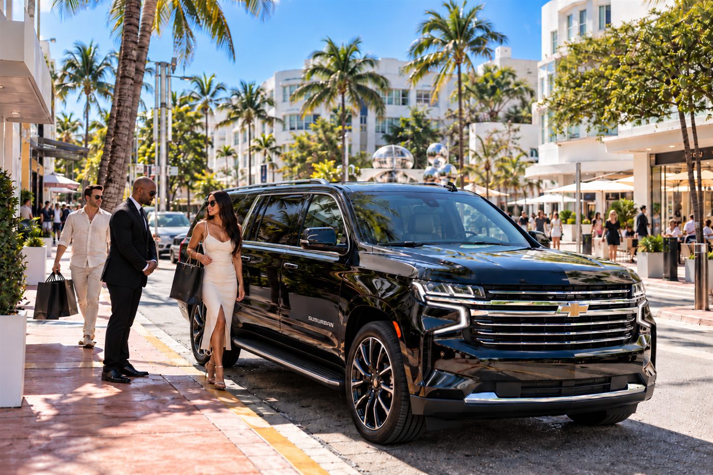 Chauffeur in a black suit waiting beside a Chevrolet Suburban as a client returns from shopping near Lincoln Road