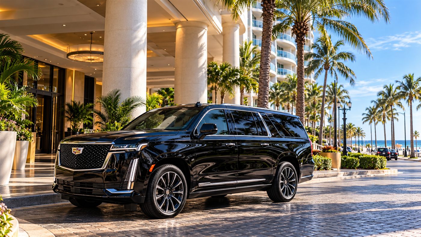 Black Cadillac Escalade ESV at an oceanfront hotel entrance in Fort Lauderdale, beach and palms behind