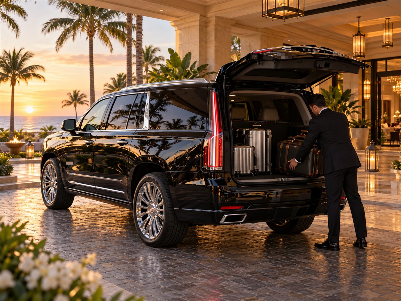 Chauffeur loading luggage into a black Cadillac Escalade at a hotel entrance at sunset