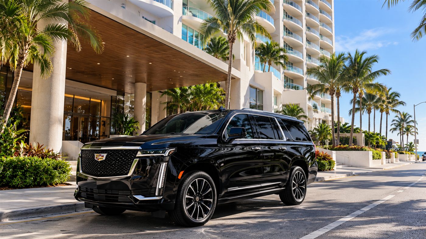 Black Cadillac Escalade ESV at a beachfront hotel entrance on Fort Lauderdale Beach Boulevard