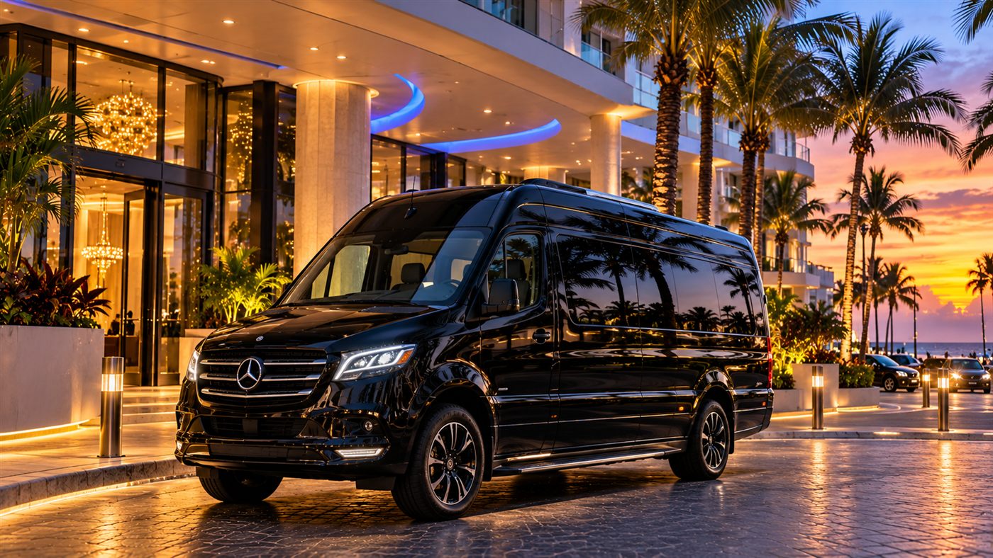 Black Mercedes-Benz Sprinter van at a Fort Lauderdale beach hotel entrance in the evening