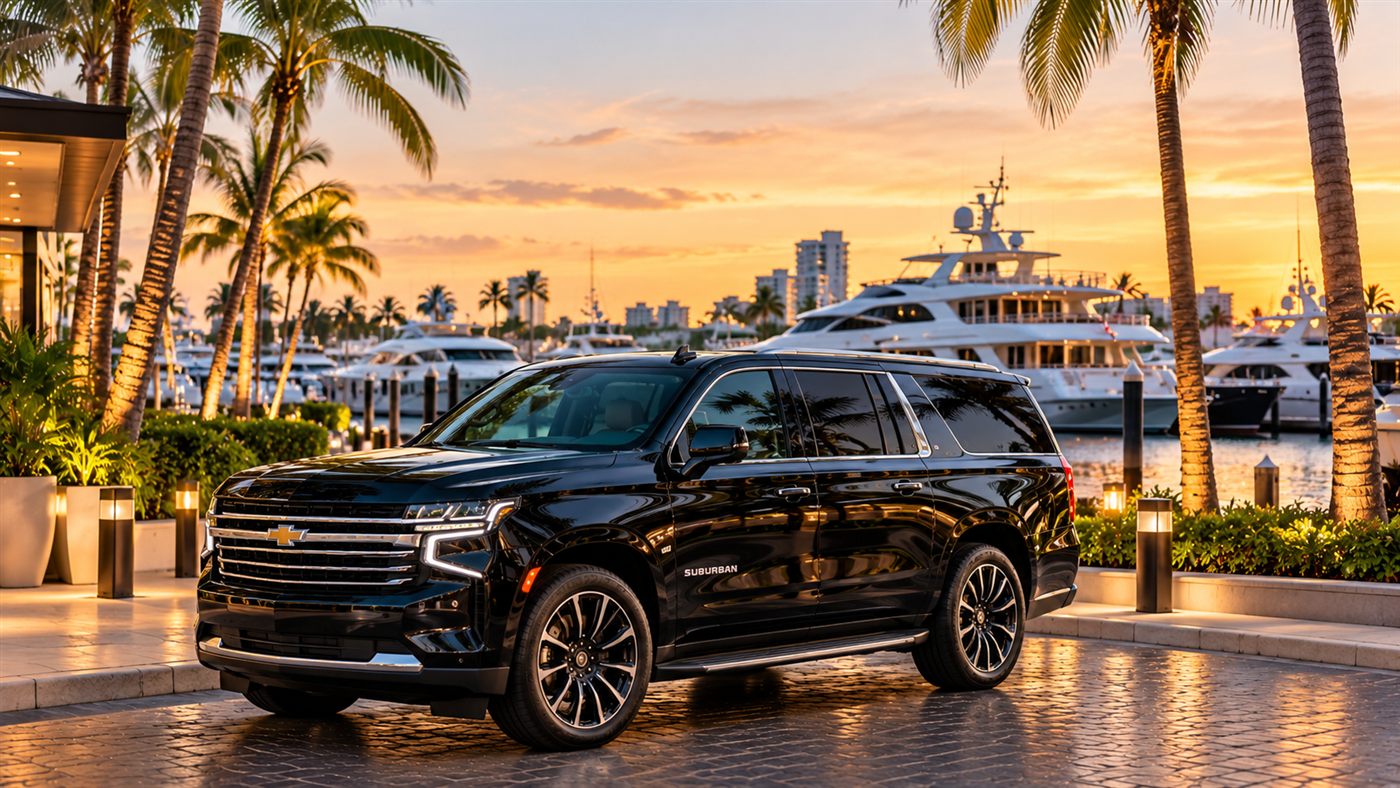 Black Chevrolet Suburban parked by a Fort Lauderdale marina with superyachts behind at sunset