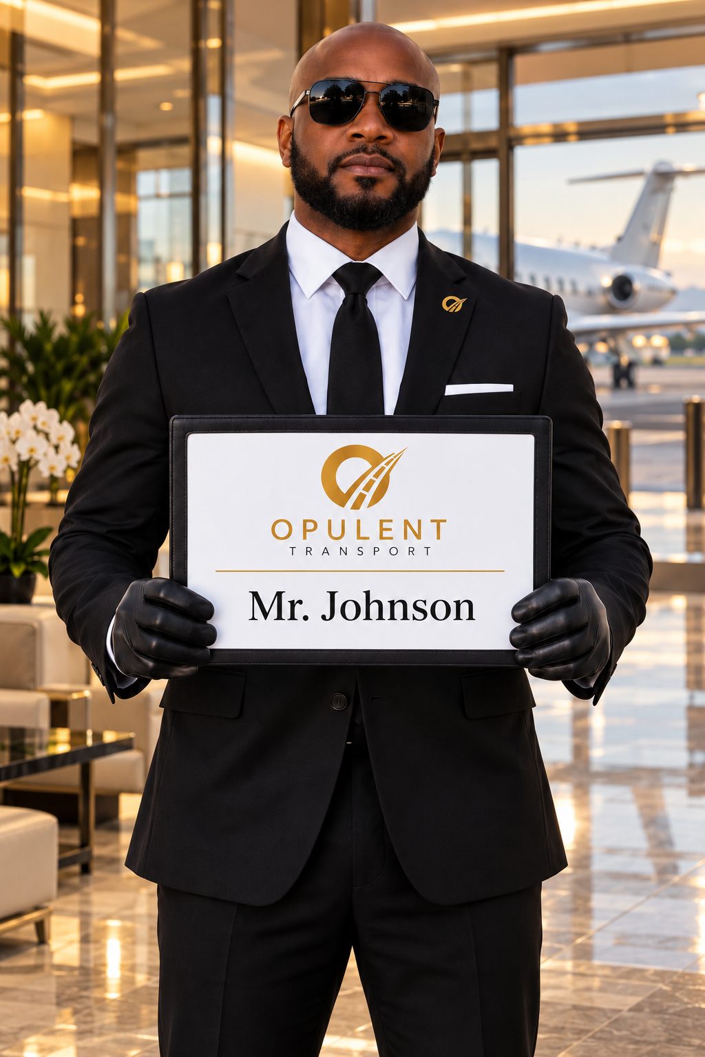 Opulent Transport chauffeur holding a name sign in a private terminal lobby, private jet visible outside