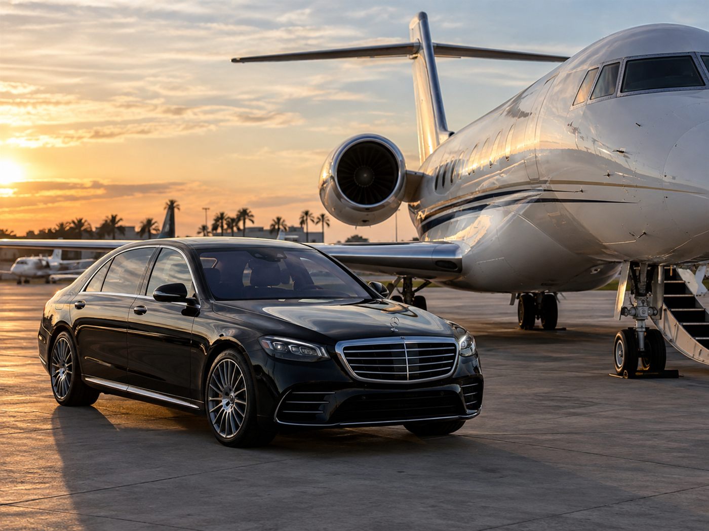 Black Mercedes-Benz S-Class parked beside a large private jet at Opa-locka Executive Airport at sunset