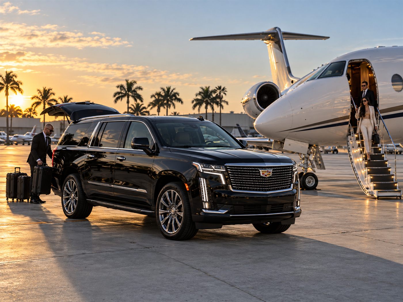 Chauffeur loading luggage into a black Cadillac Escalade beside a private jet at Fort Lauderdale Executive Airport