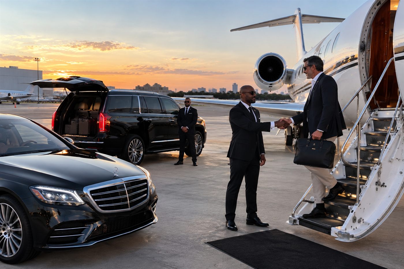 Chauffeur greeting a passenger at the steps of a private jet at Boca Raton Airport, S-Class and Escalade waiting