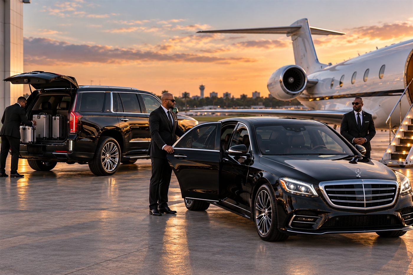 Mercedes-Benz S-Class and Cadillac Escalade with chauffeurs and security waiting planeside at a private jet