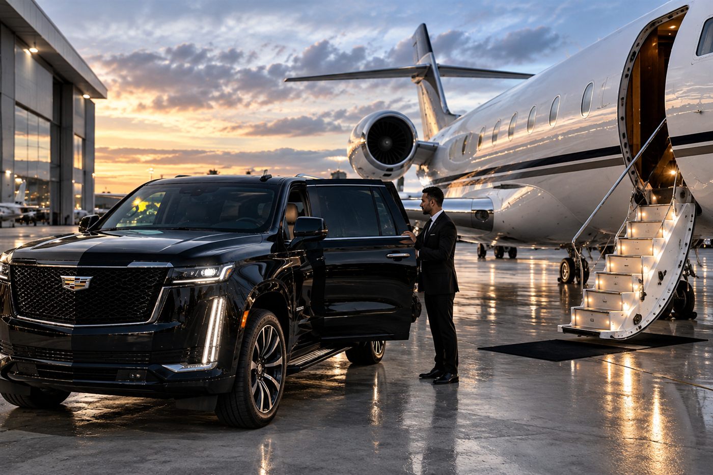 Chauffeur opening the door of a black Cadillac Escalade beside a private jet at the FLL private terminals