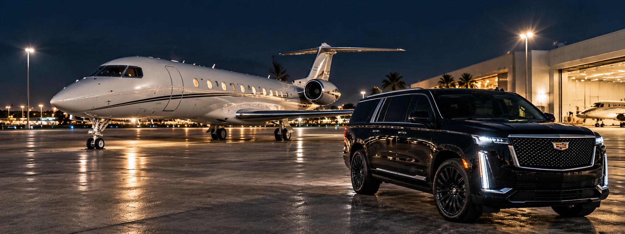 Black Cadillac Escalade ESV parked beside a private jet on an airport ramp at night