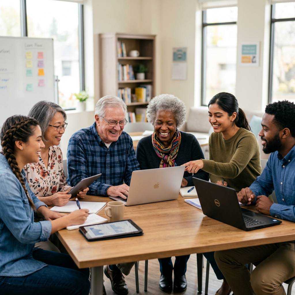 A diverse group of smiling seniors and younger adults gathered around a table with laptops and tablets, learning technology together in a supportive community classroom