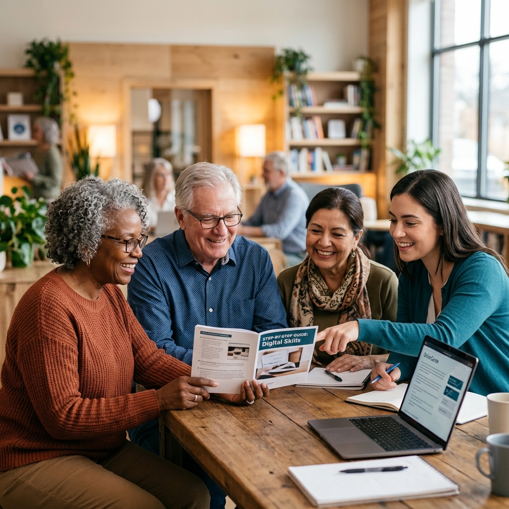 A small group of diverse mature adults sitting cozy together in a bright, modern learning space, smiling warmly as they look at a step-by-step printed guide and laptop together with a patient mentor