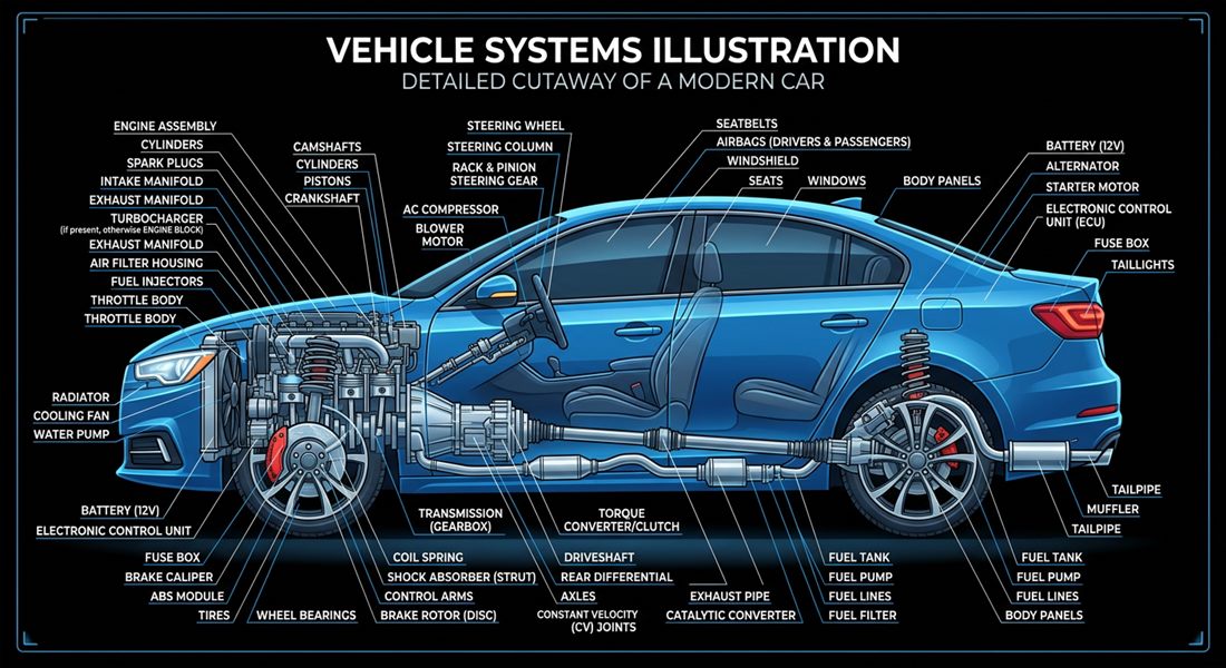 Cutaway illustration of a vehicle showing engine, drivetrain, brakes and electrical systems being scanned
