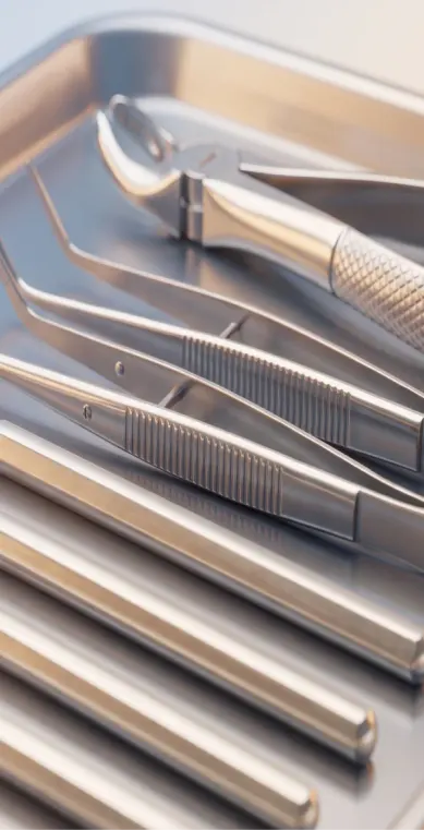Dental instruments on a metal tray