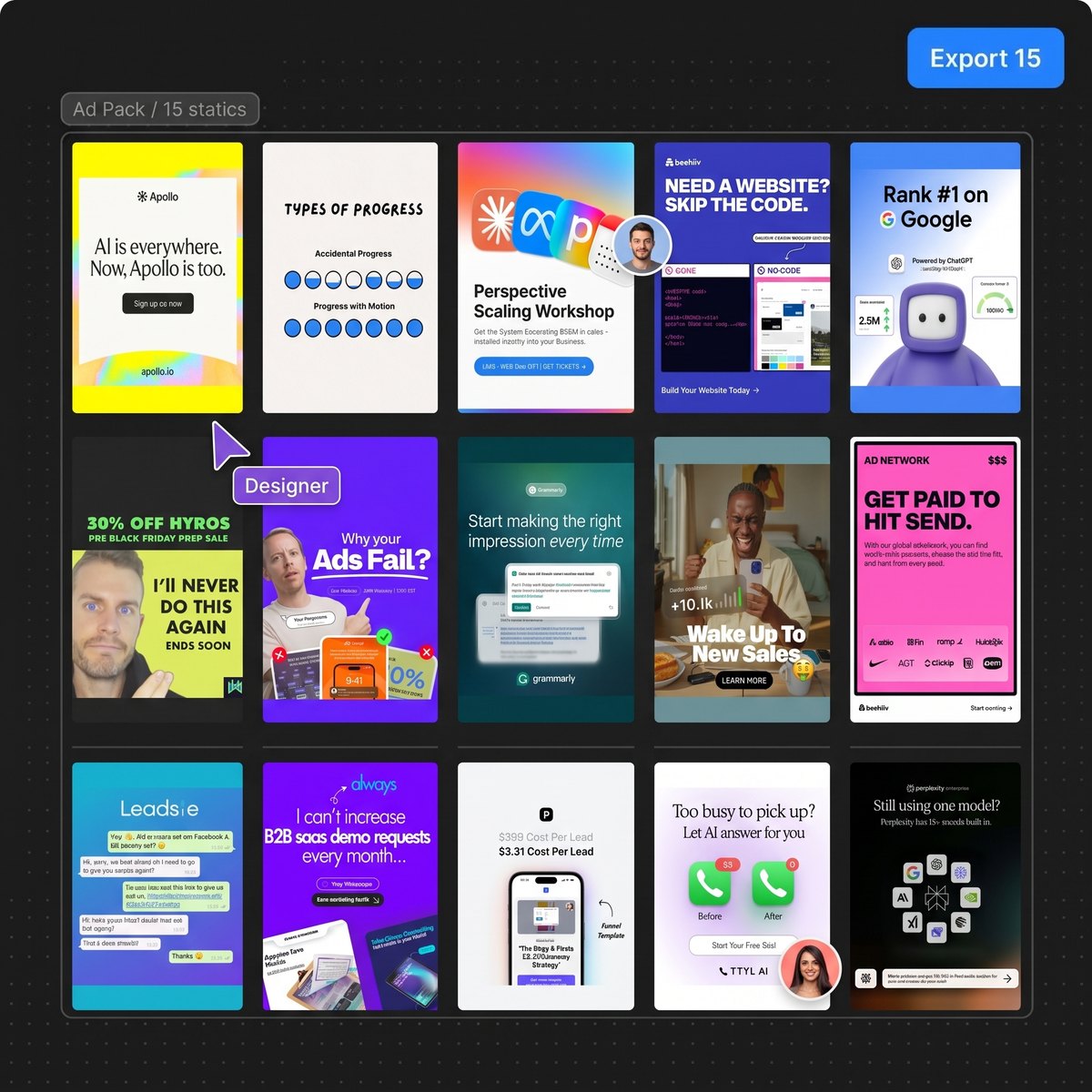 A design board showing fifteen finished software ads in a grid