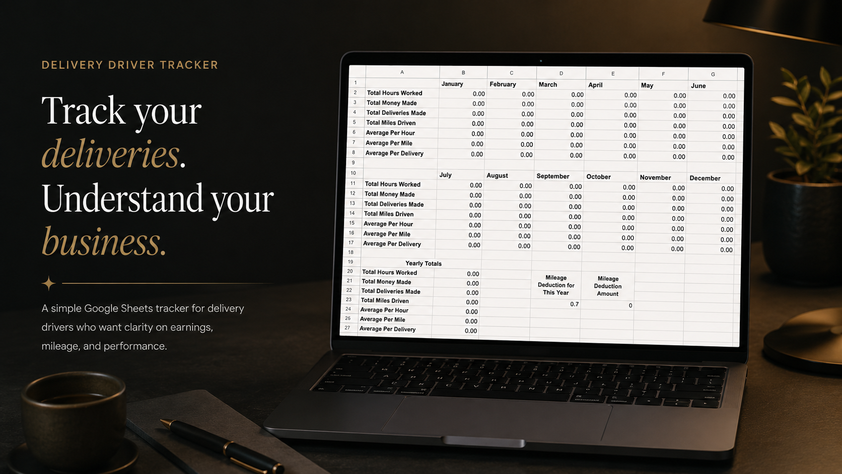 Delivery Driver Tracker. Track your deliveries. Understand your business. A simple Google Sheets tracker for delivery drivers who want clarity on earnings, mileage, and performance.