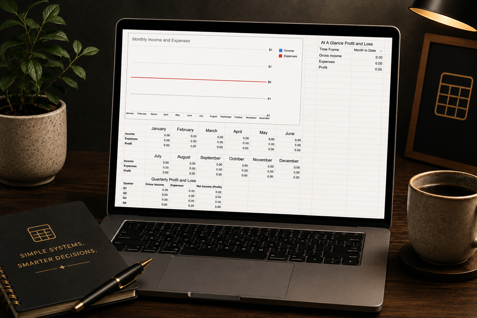 Simple Bookkeeping System spreadsheet open on a laptop, showing monthly income and expenses, profit and loss, and quarterly totals.