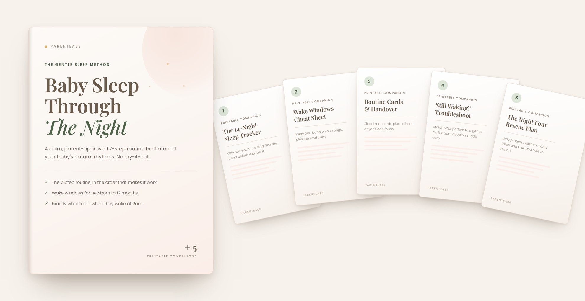 Baby Sleep Through The Night guide cover with the five printable companions fanned out beside it