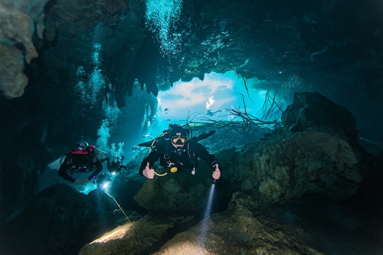 Diver swimming beneath underwater lily pads at Car Wash cenote