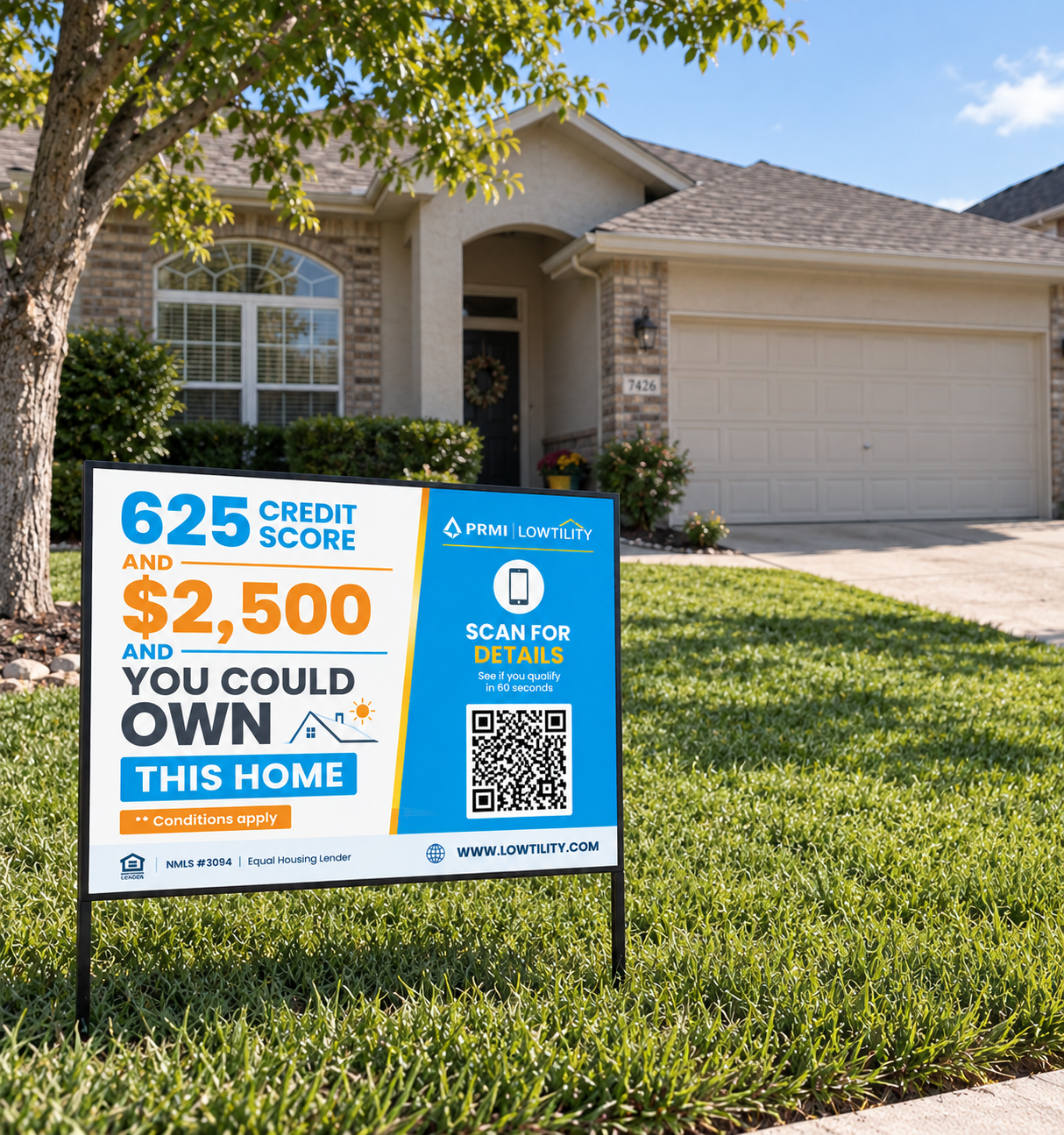 Lowtility $0 Down yard sign in front of a home for sale