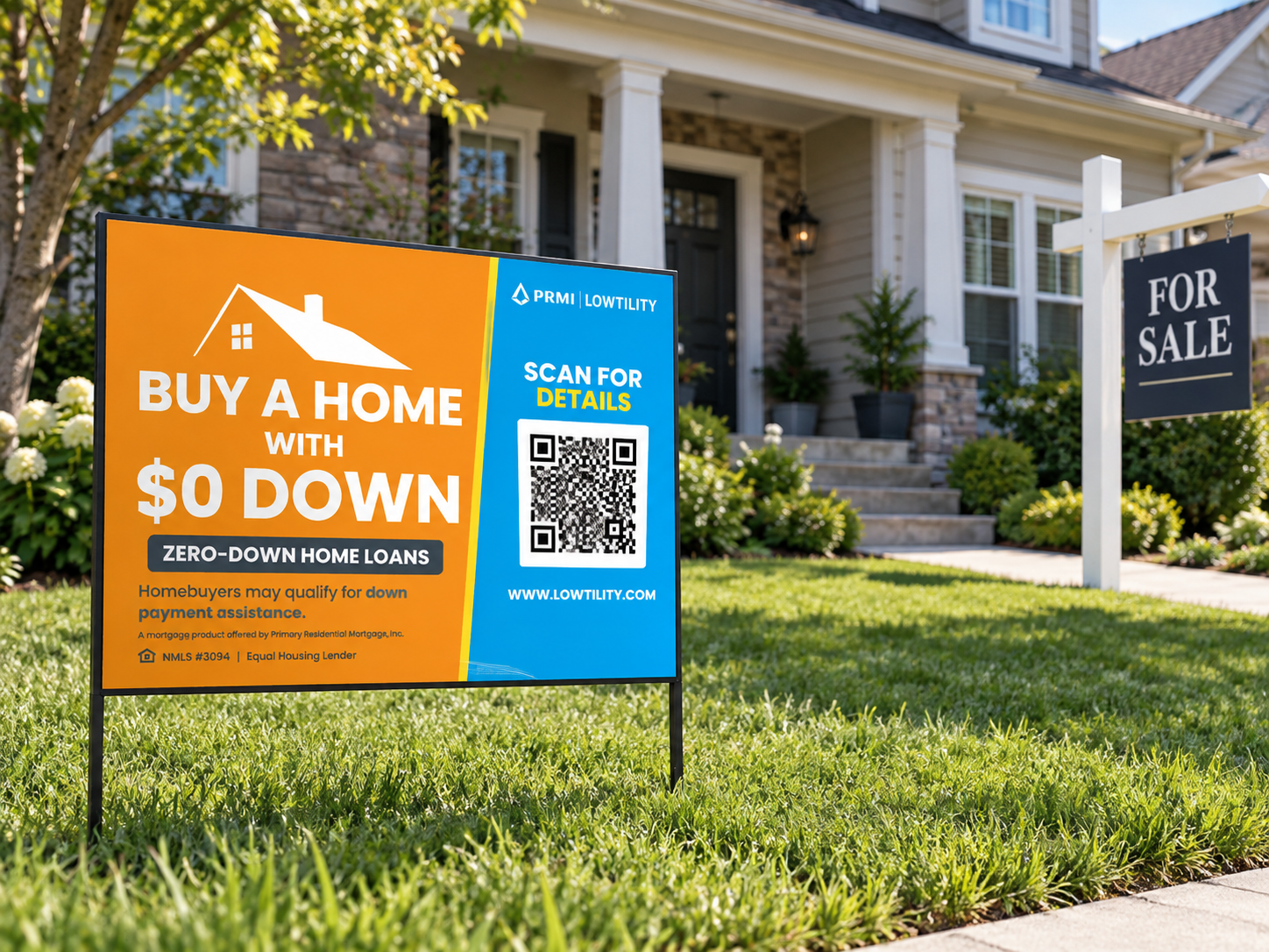 Lowtility 625 credit score yard sign in front of a home