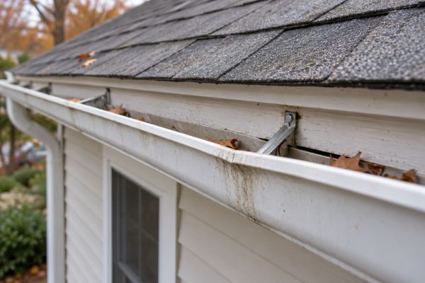 A rain gutter sags away from a residential building’s roof edge.
