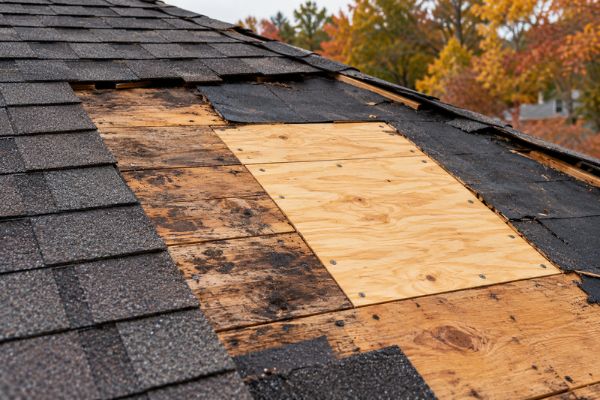 Exposed roof decking and replacement boards beside remaining asphalt shingles.