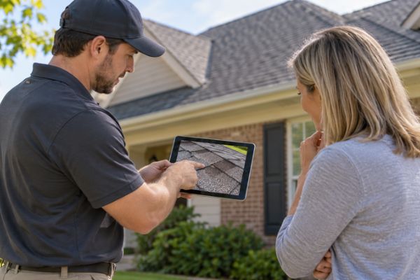 Inspector with a clipboard checking the condition of a home’s roof.