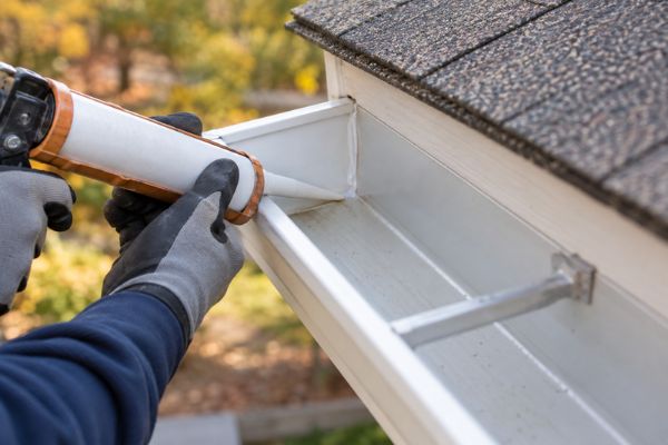 A gloved hand applying sealant inside an aluminum gutter to seal leaks and keep the exterior winter ready. A gloved hand applying sealant inside an aluminum gutter to seal leaks and keep the exterior winter ready.