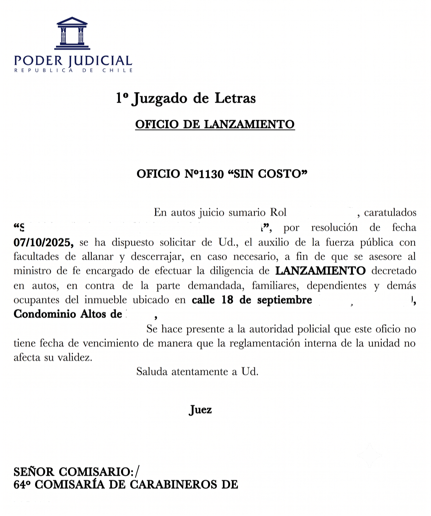 Oficio de lanzamiento del Poder Judicial con auxilio de la fuerza pública — datos protegidos