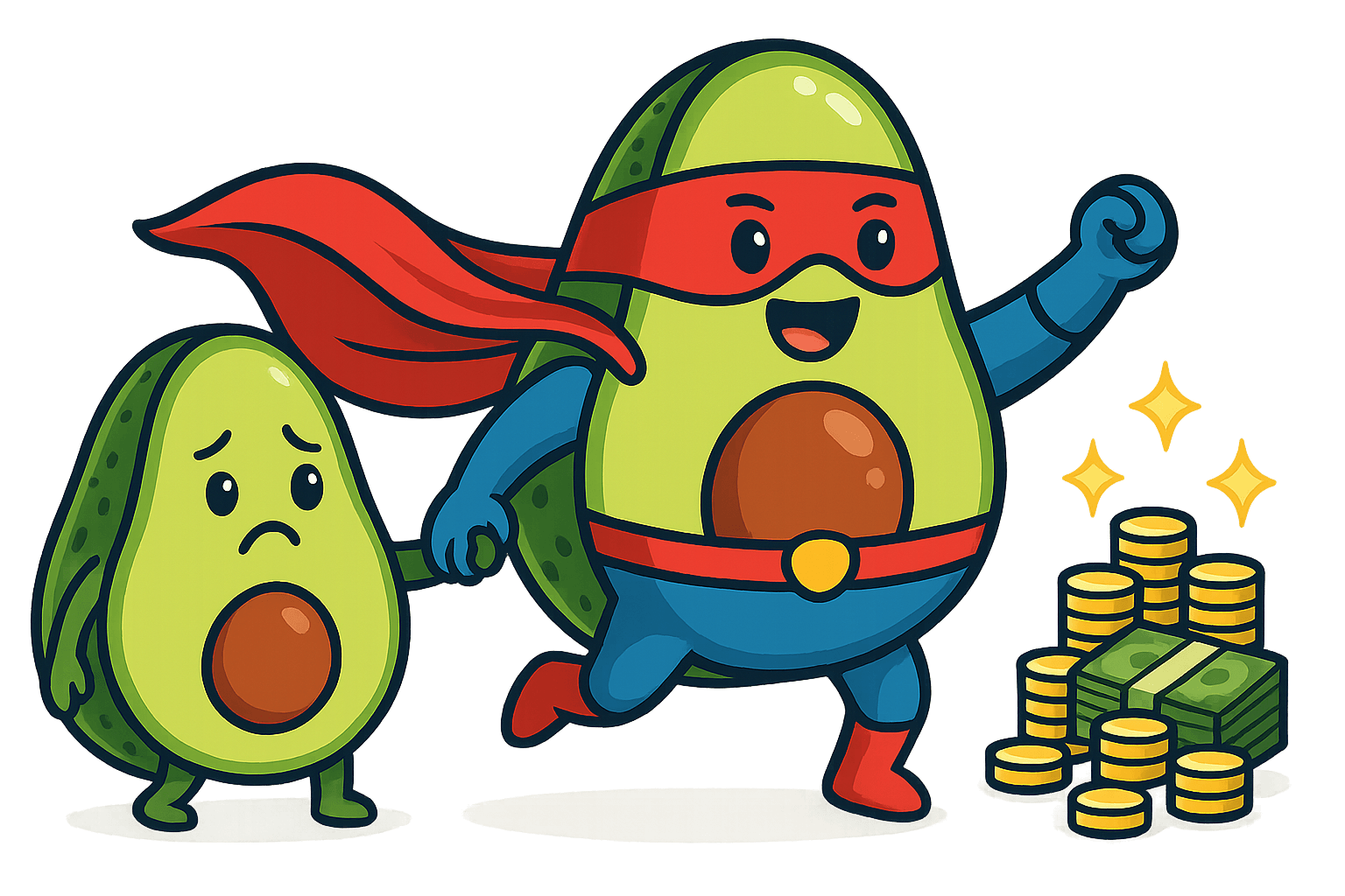 Health Coach Growth Hub superhero avocado mascot leading the way to a pile of money