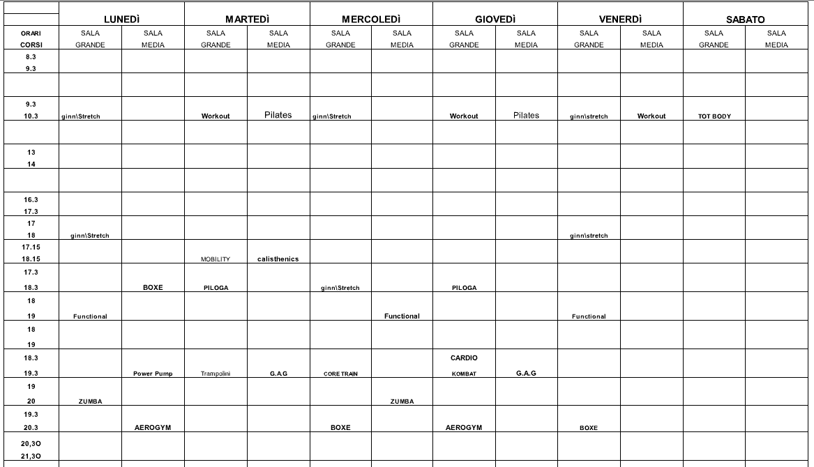 Calendario Corsi New Gym Club
