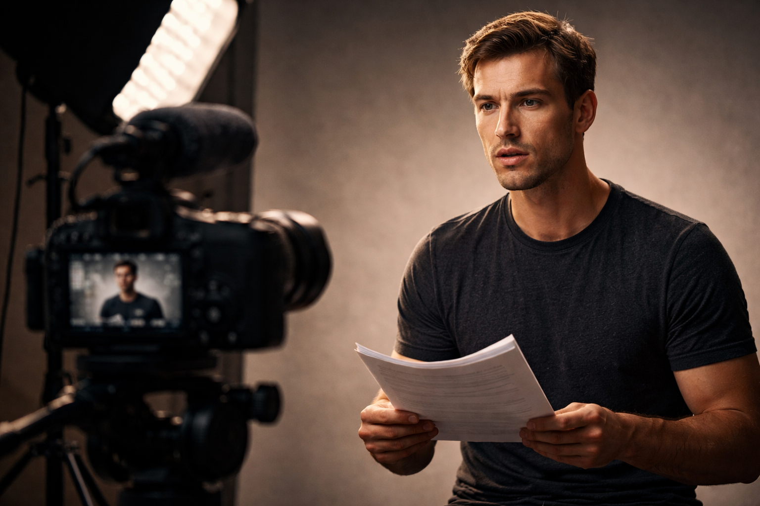 Actor practicing his monologue and reviewing the self-tape checklist