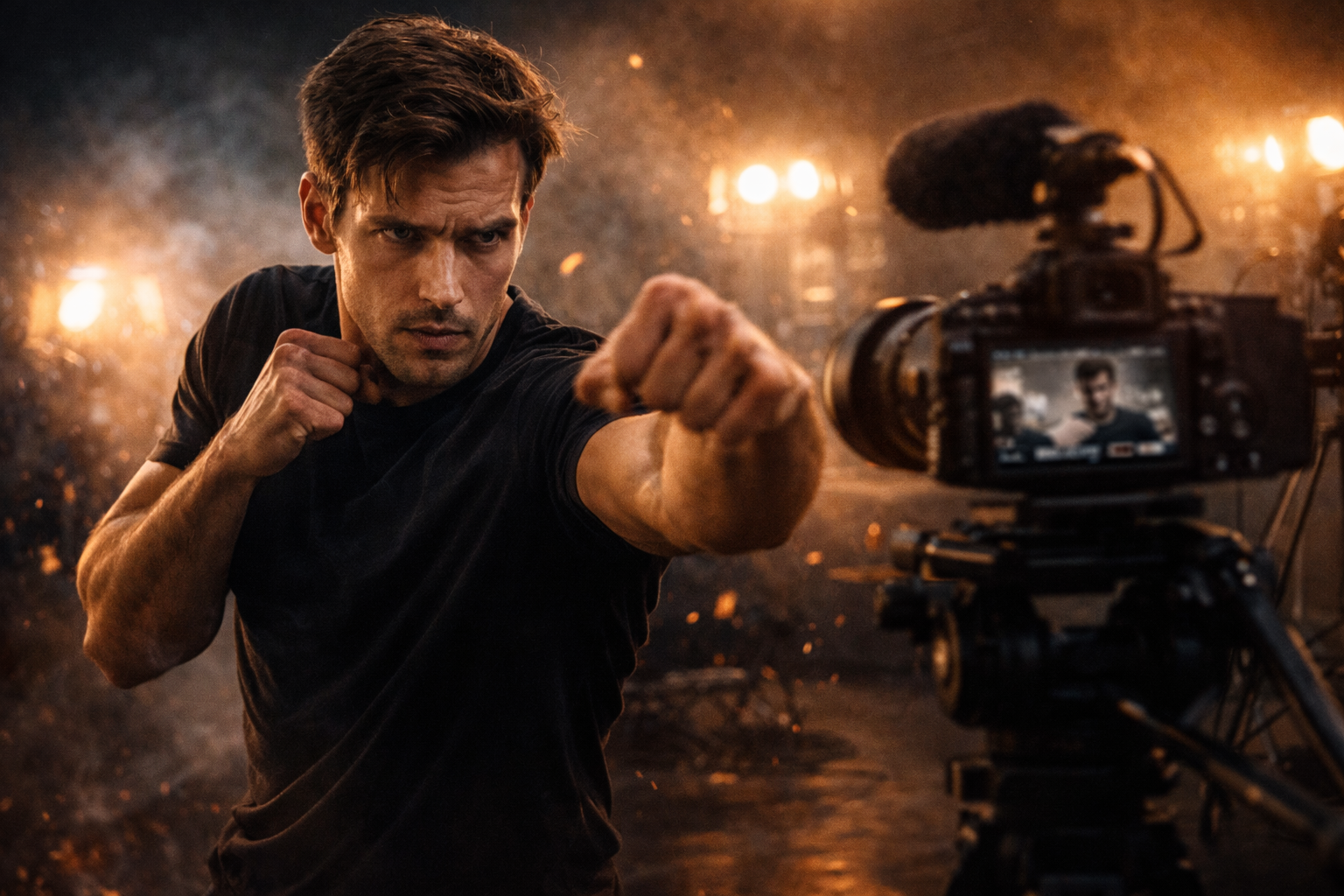 A focused actor rehearsing an intense fight scene.