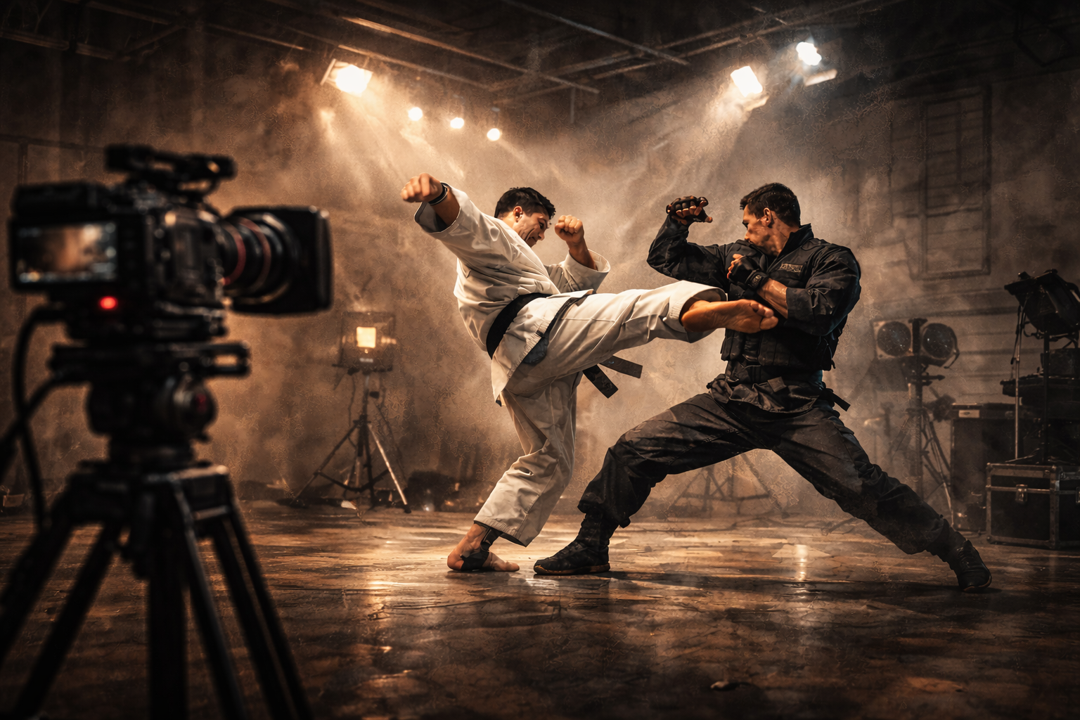 Two martial artists in intense fight scene.