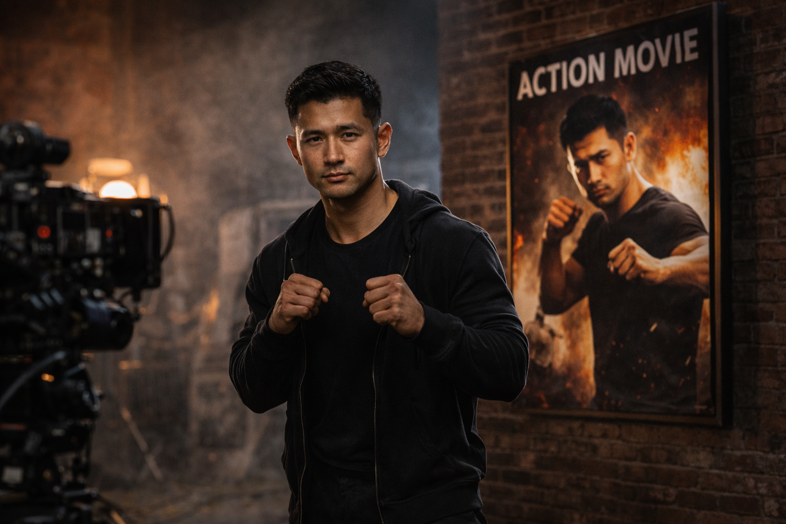 Martial arts performer filming a professional showreel on a movie set