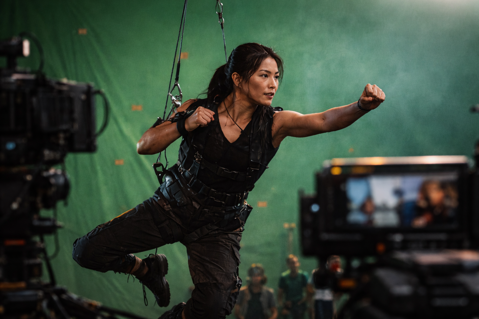 Stunt performer executing a wirework aerial fight sequence on a film set with green screen.