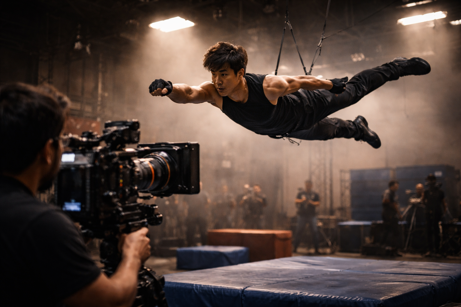Stunt performer in mid-air kick