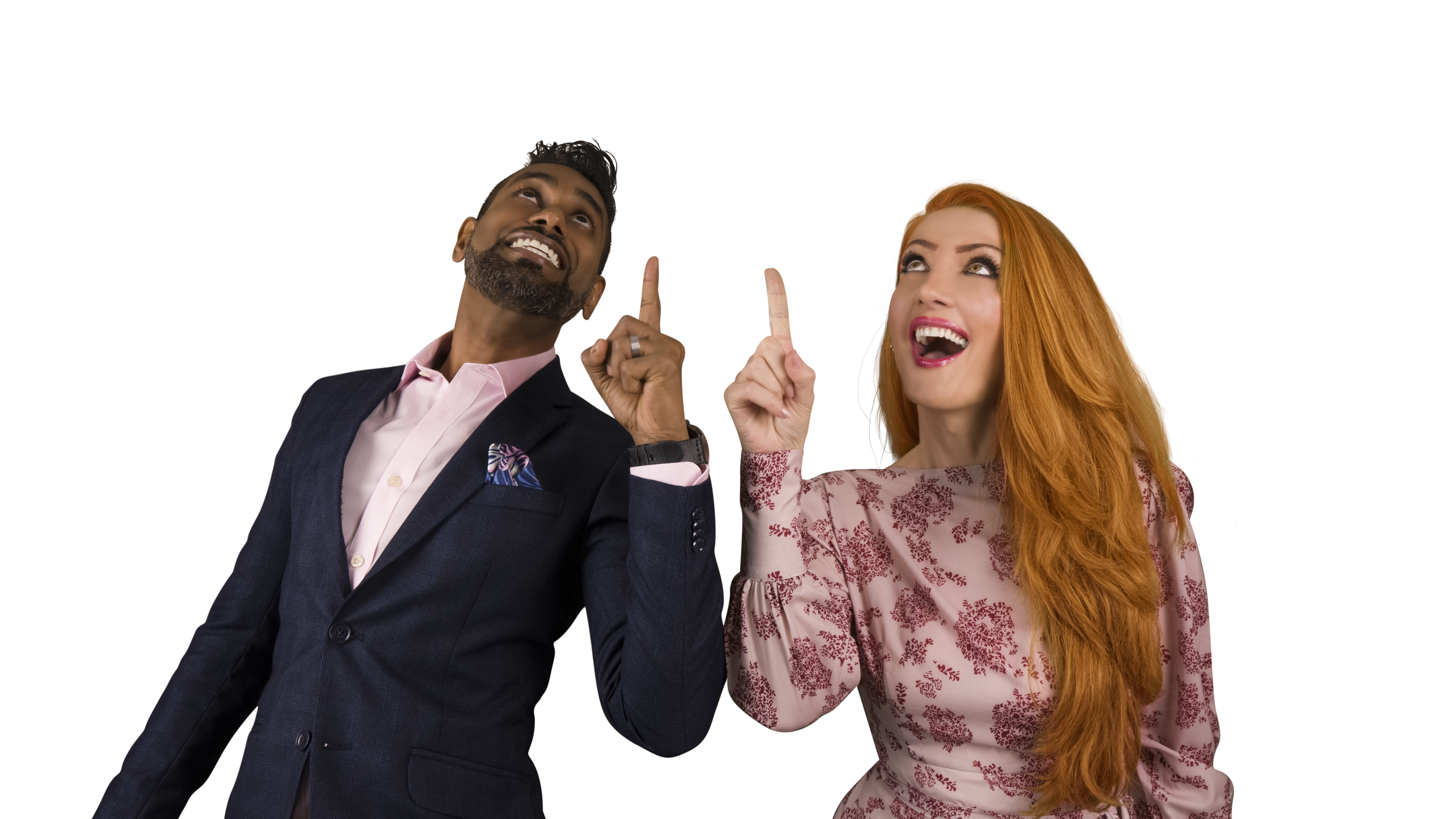 A man and a woman with their fingers pointed upwards