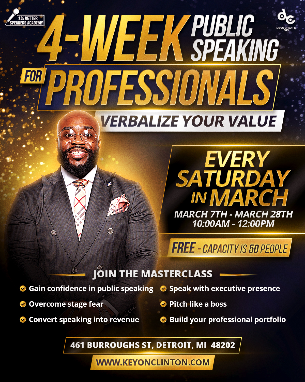 4-Week Public Speaking for Professionals Masterclass Flyer