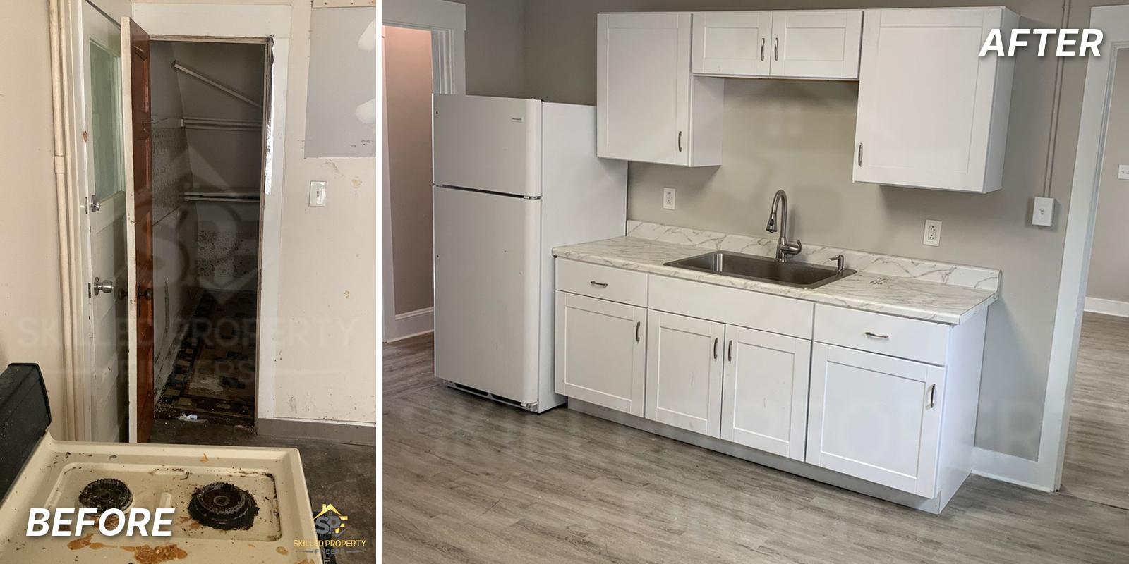 Before and after kitchen renovation in a Northeast Pennsylvania multifamily rental: greasy stove and gutted closet replaced with new white cabinets, countertop and vinyl plank flooring