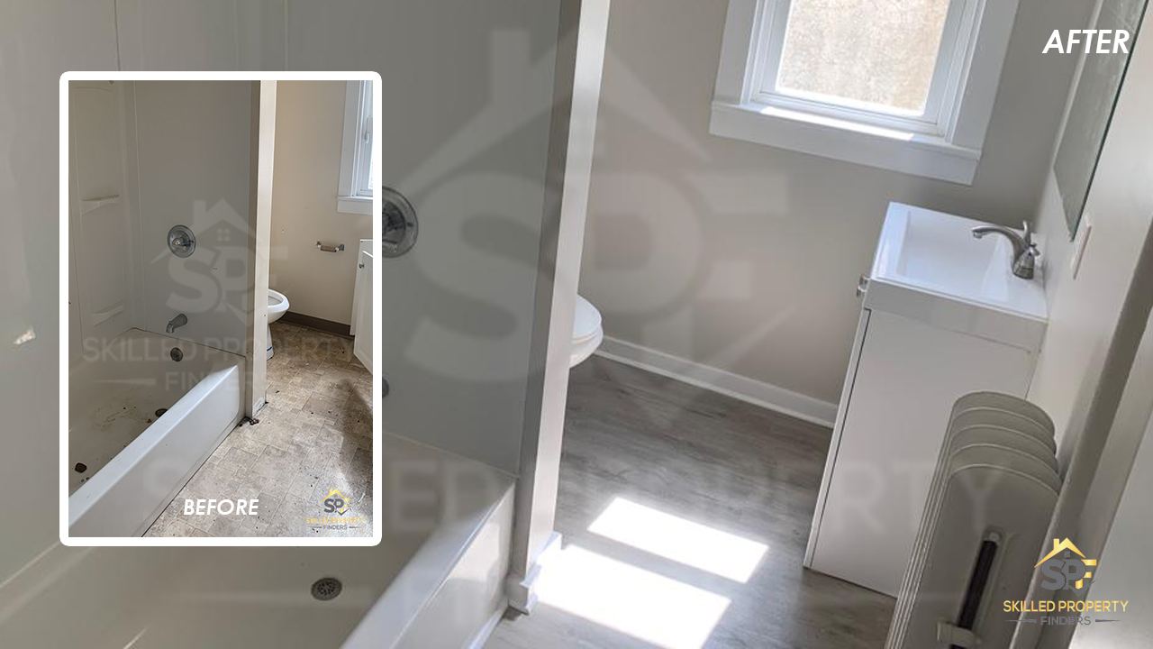 Before and after bathroom renovation in a Northeast Pennsylvania multifamily rental: dirty tub and damaged tile floor replaced with a clean bath, new vanity and vinyl plank flooring