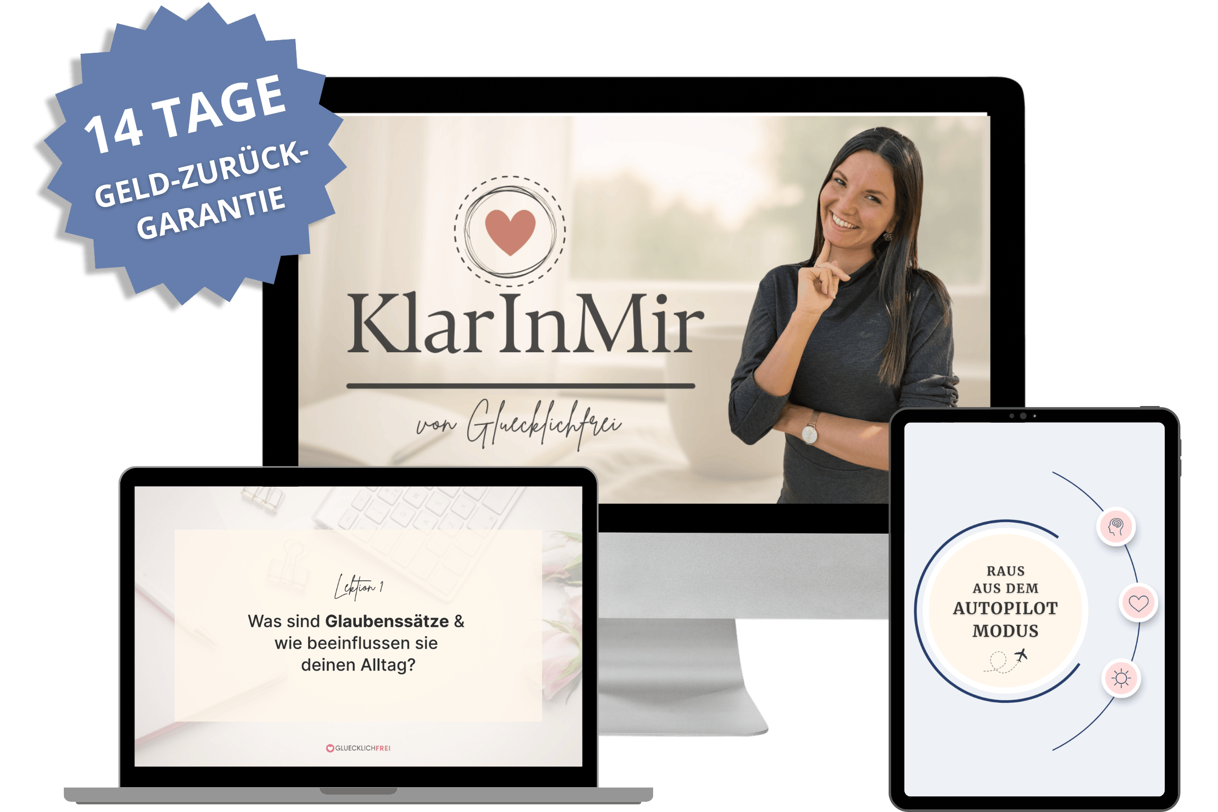 KlarInMir Onlinekurs Mockup – 7-Wochen-Programm für erschöpfte Frauen, die ihr Gedankenkarussell stoppen wollen. Mentale Klarheit gewinnen. 14-Tage-Geld-zurück-Garantie.