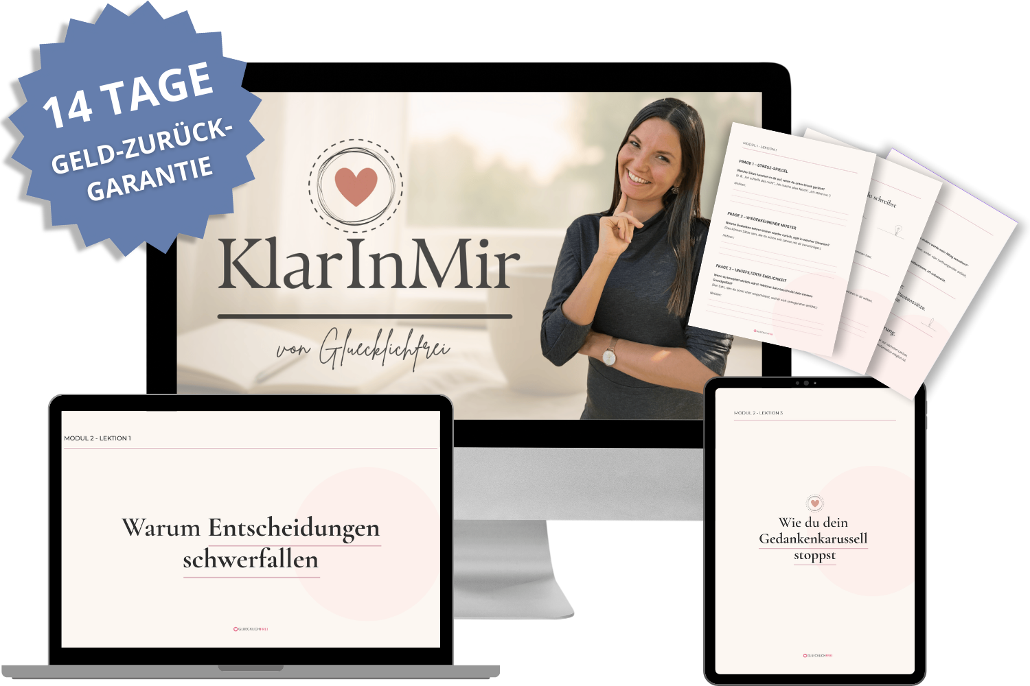 KlarInMir Onlinekurs Mockup – 7-Wochen-Programm für erschöpfte Frauen, die ihr Gedankenkarussell stoppen wollen. Mentale Klarheit gewinnen. 14-Tage-Geld-zurück-Garantie.