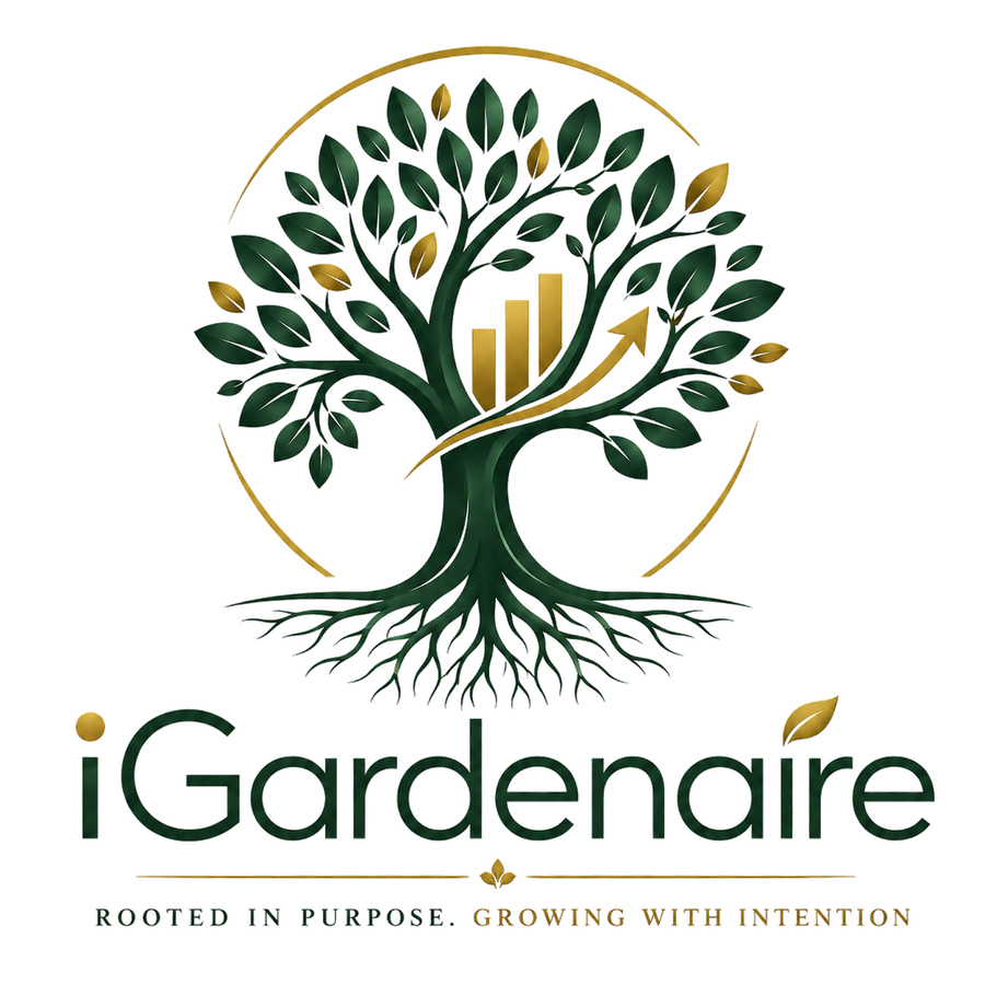 iGardenaire logo - a tree with roots and a gold growth arrow