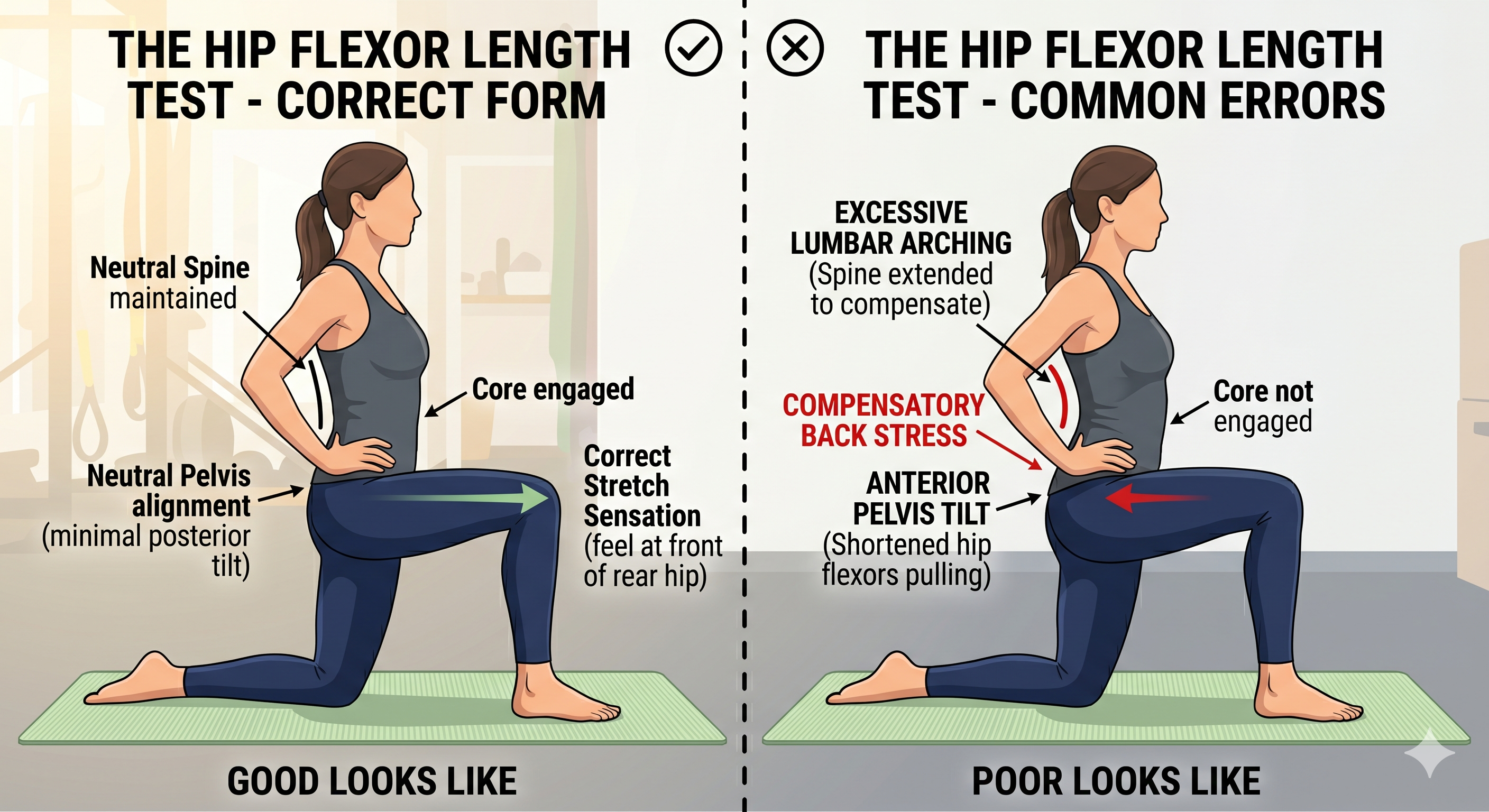 A two-panel infographic comparison illustrating the Hip Flexor Length Test with correct and incorrect form. On the left, "Correct Form" features a woman with a neutral spine, engaged core, and minimal posterior tilt. Arrows and a green horizontal line show a proper stretch sensation in the rear hip. On the right, "Common Errors" shows "Poor Looks Like," featuring the same woman with excessive lumbar arching, anterior pelvis tilt, and an unengaged core, leading to "Compensatory Back Stress." Both panels use text boxes and icons (checkmark and 'X'). The illustrations show her kneeling on a green yoga mat.