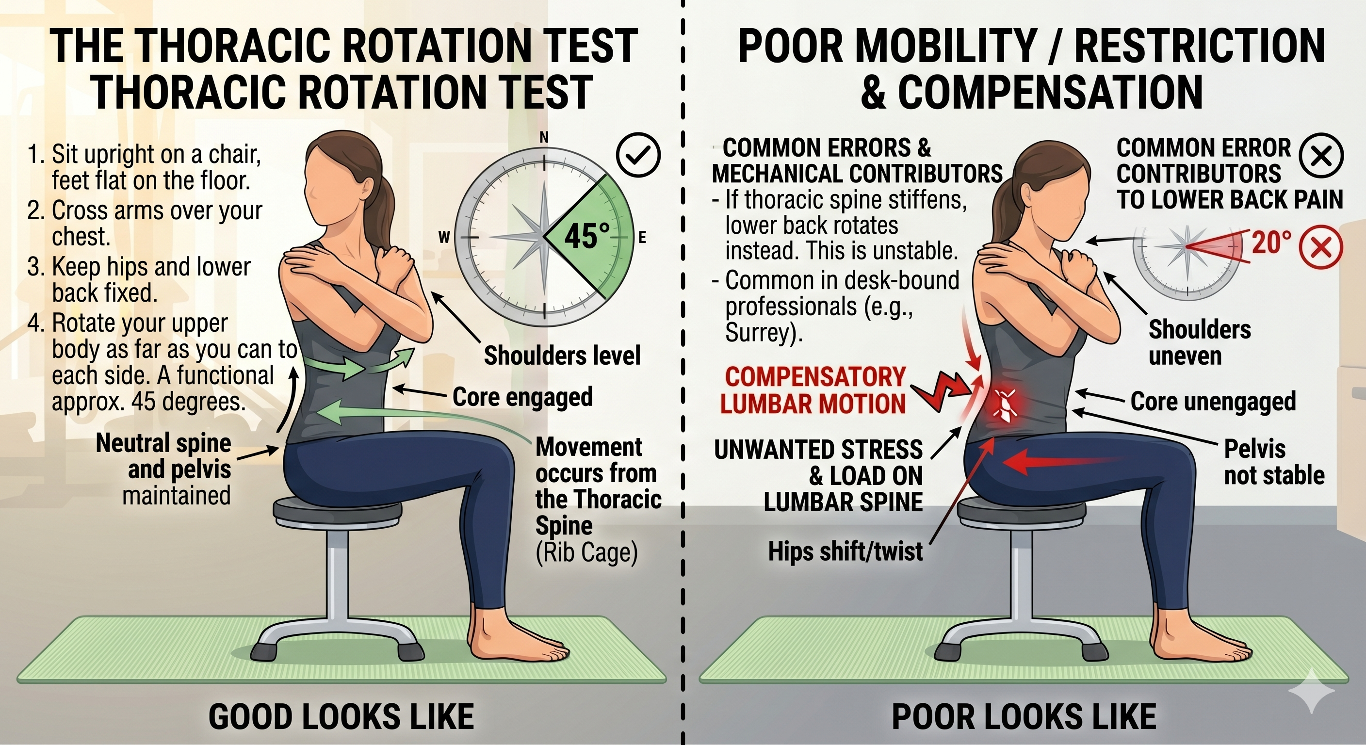 An illustrative infographic titled 'The Thoracic Rotation Test' comparing correct form to common mechanical restrictions that contribute to lower back pain. On the left side, 'Good Looks Like,' a seated figure maintains a neutral spine, level shoulders, and engages the core while rotating 45 degrees, with motion originating from the mid-back (rib cage). A compass visual confirms a functional 45-degree range. On the right, 'Poor Looks Like,' is titled 'Poor Mobility / Restriction & Compensation' and details common errors and risks. The figure shows restricted rotation, uneven shoulders, an unengaged core, and an unstable pelvis, which can lead to 'Compensatory Lumbar Motion.' Annotations highlight this restriction as a key mechanical contributor to lower back pain, emphasizing 'Unwanted Stress & Load on Lumbar Spine' when the thoracic spine stiffens, often seen in desk-bound professionals (e.g., Surrey). Both diagrams include a seated figure on a gym mat in an athletic facility.