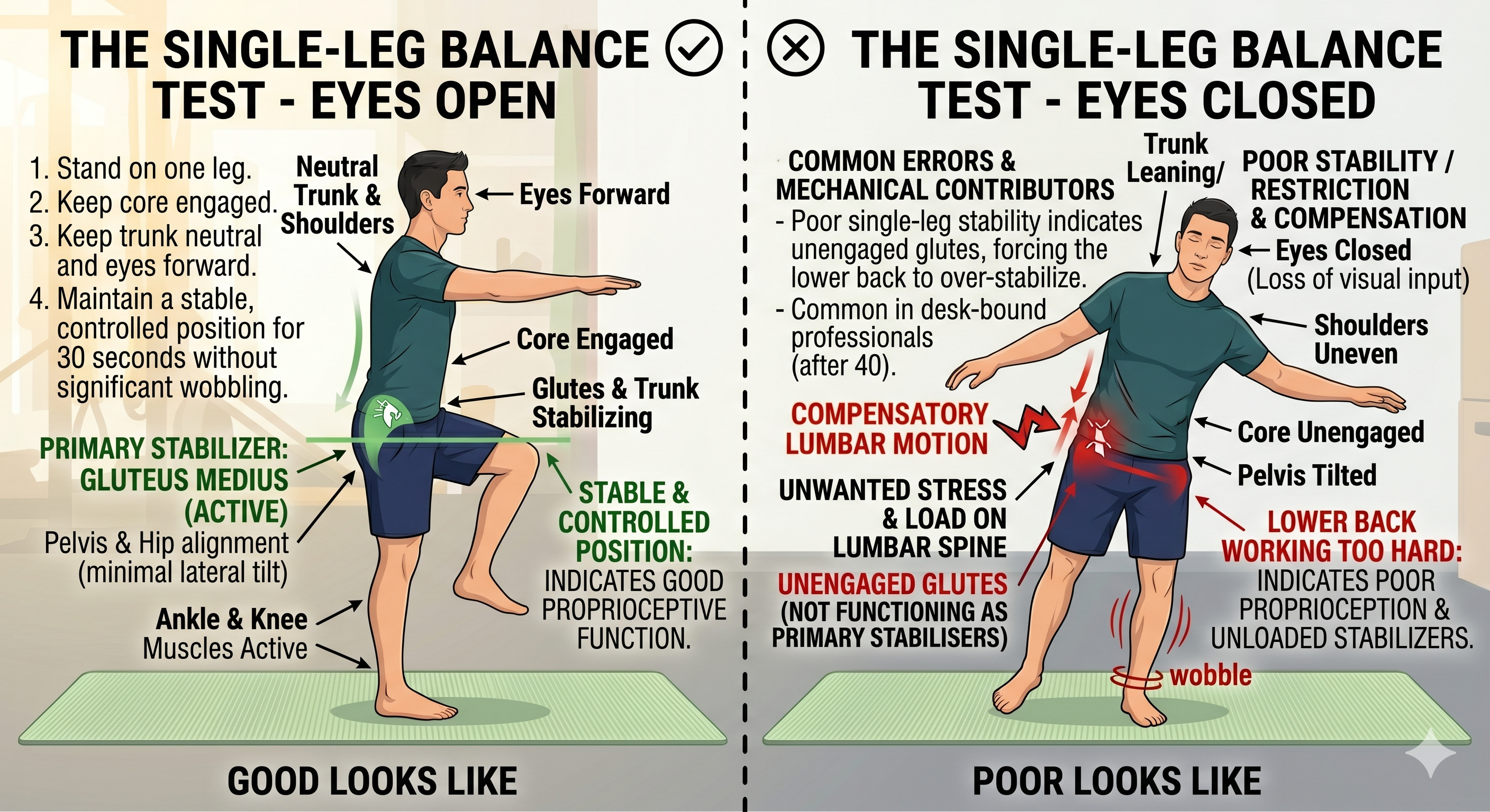 An infographic with two panels titled "THE SINGLE-LEG BALANCE TEST." The left panel, "GOOD LOOKS LIKE," shows a male in a teal t-shirt and blue shorts, standing balanced on his right leg on a green mat, arms extended. Labels point to "Eyes Forward," "Neutral Trunk & Shoulders," "Glutes & Trunk Stabilizing," and "Core Engaged." Text highlights the test steps and "PRIMARY STABILIZER: GLUTEUS MEDIUS (ACTIVE)," noting "GOOD PROPRIOCEPTIVE FUNCTION." The right panel, "POOR LOOKS LIKE," features the same male struggling with eyes closed, trunk leaning, arms flailing, and left leg wobbling. Labels indicate "TRUNK LEANING," "PELVIS TILTED," and "COMPENSATORY LUMBAR MOTION," with a critical note about "LOWER BACK WORKING TOO HARD" due to "UNENGAGED GLUTES." Text explains common errors and "UNWANTED STRESS & LOAD ON LUMBAR SPINE" common in desk-bound professionals. Both diagrams are in a clean, professional illustration style against a neutral gym background.