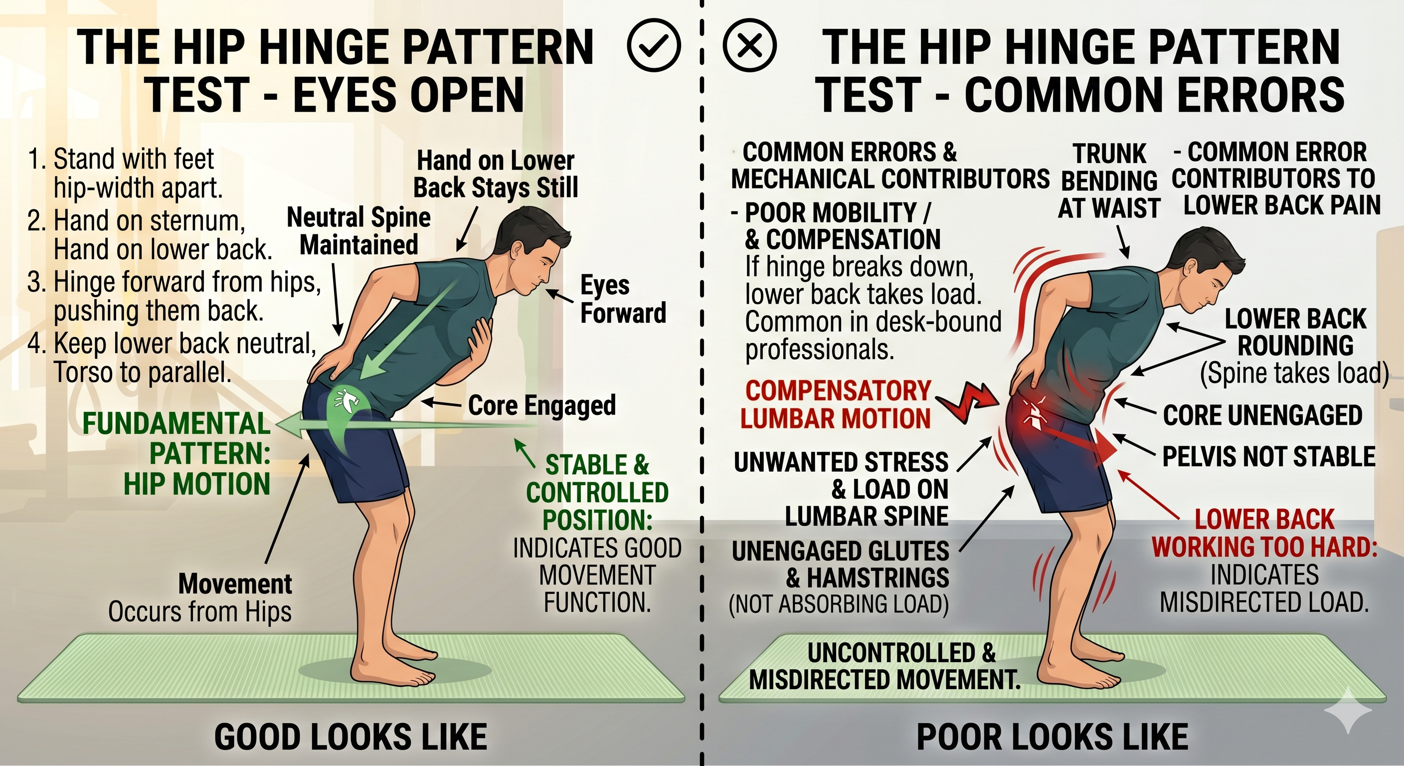 An infographic with a split-panel design comparing a correct hip hinge to a poor hip hinge with common errors. The left panel, labeled "GOOD LOOKS LIKE," shows a person with a neutral spine, engaged core, and level shoulders, successfully hinging forward from the hips while looking straight ahead. Red arrows and text boxes with a green checkmark indicate proper movement, noting "FUNDAMENTAL PATTERN: HIP MOTION," "NEUTRAL SPINE MAINTAINED," "CORE ENGAGED," and "MOVEMENT OCCURS FROM HIPS." The right panel, "POOR LOOKS LIKE," with a red 'X', shows a person with a rounded lower back, unengaged core, and titled pelvis. Multiple annotations highlight errors and mechanical contributors to lower back pain, such as "EXCESSIVE LUMBAR ARCHING," "ANTERIOR PELVIS TILT," "CORE UNENGAGED," "LOWER BACK ROUNDING," and "COMPENSATORY LUMBAR MOTION." A red graphic overlay on the lower back emphasizes "UNWANTED STRESS & LOAD ON LUMBAR SPINE" and "LOWER BACK WORKING TOO HARD." The title at the top says "THE HIP HINGE PATTERN TEST." Both diagrams show a figure kneeling on a green yoga mat in a gym setting with workout equipment in the background.