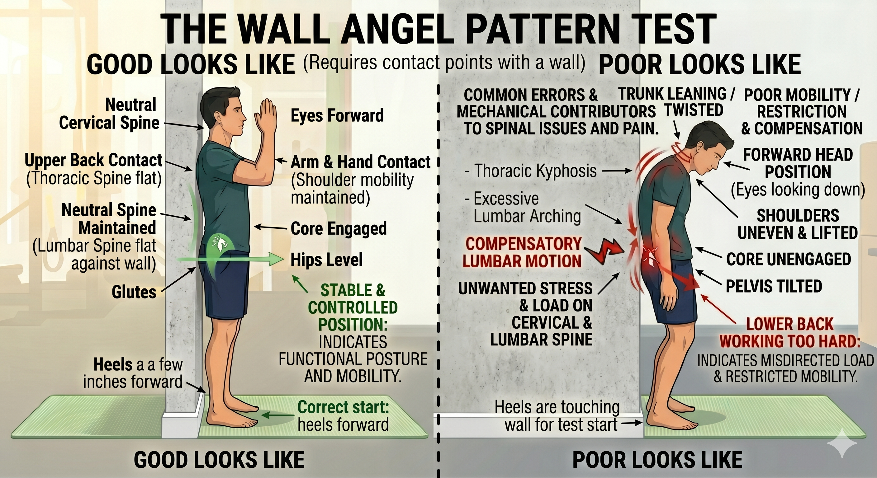 An infographic with a split-panel comparison titled "THE WALL ANGEL PATTERN TEST." The left panel, labeled "GOOD LOOKS LIKE (Requires contact points with a wall)," shows a male in a green t-shirt and blue shorts with proper posture against a light concrete wall on a green mat. Annotations point to success metrics: "Neutral Cervical Spine," "Eyes Forward," "Upper Back Contact (Thoracic Spine flat)," "Arm & Hand Contact (Shoulder mobility maintained)," "Neutral Spine Maintained (Lumbar Spine flat against wall)," "Core Engaged," "Hips Level," "Glutes," and "Heels a a few inches forward." A text box reads: "STABLE & CONTROLLED POSITION: INDICATES FUNCTIONAL POSTURE AND MOBILITY." with a green checkmark. The right panel, "POOR LOOKS LIKE," with a red 'X', shows a second male with significant postural errors. Labels point to faults: "TRUNK LEANING / TWISTED," "Thoracic Kyphosis," "Excessive Lumbar Arching," "COMPENSATORY LUMBAR MOTION," "UNWANTED STRESS & LOAD ON CERVICAL & LUMBAR SPINE," "FORWARD HEAD POSITION (Eyes looking down)," "SHOULDERS UNEVEN & LIFTED," "CORE UNENGAGED," "PELVIS TILTED," and "LOWER BACK WORKING TOO HARD." Text boxes note: "COMMON ERRORS & MECHANICAL CONTRIBUTORS TO SPINAL ISSUES AND PAIN" and "POOR MOBILITY / RESTRICTION & COMPENSATION," with details on misdirected load and uncontrolled movement. Arrows in red highlight problems. The overall illustration is clean and educational, with a subtle gym background.